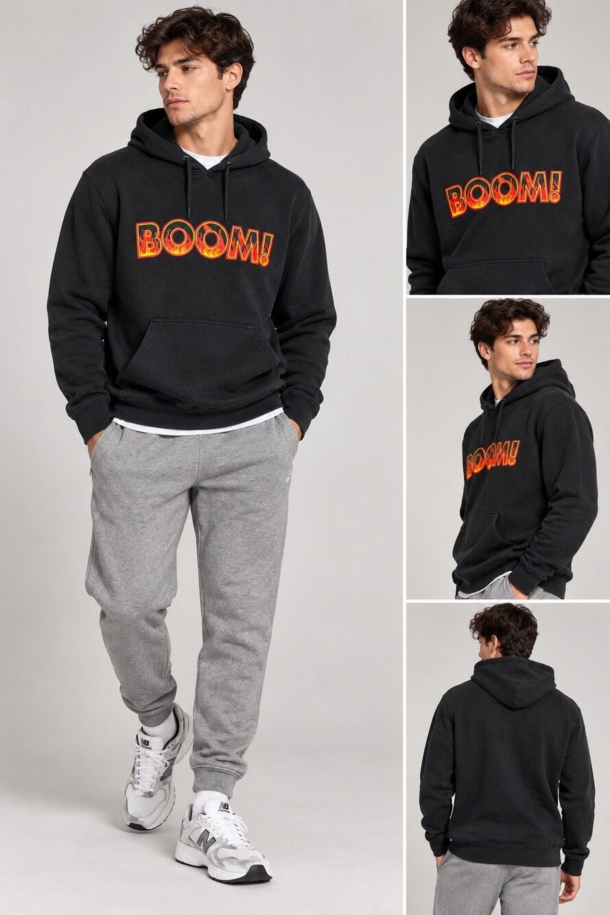 Ckh Clockhouse BOOM Graphic Black Hoodie Pullover Sweatshirt Size L